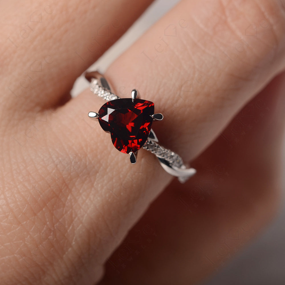 Twisted Heart Shaped Garnet Ring White Gold