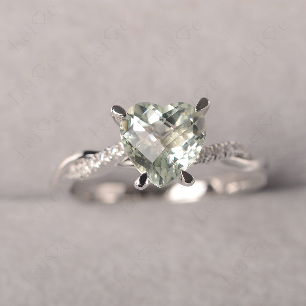 Twisted Heart Shaped Green Amethyst Ring White Gold