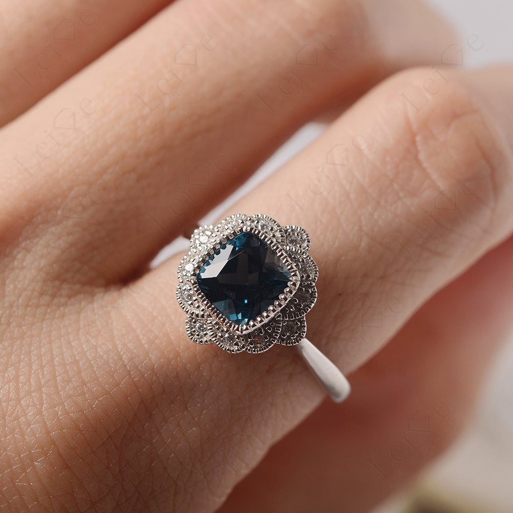 Cushion Cut London Blue Topaz Milgrain Ring