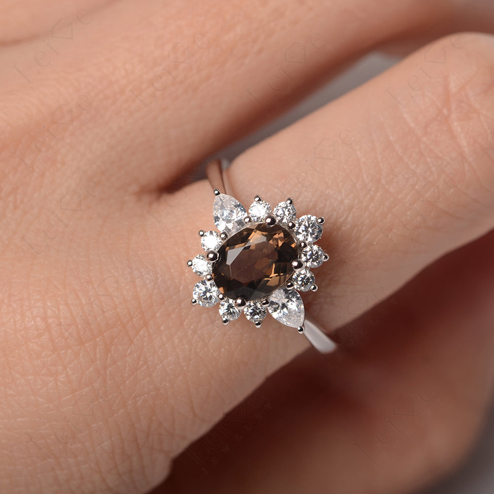 Oval Cut Smoky Quartz Ring With Pear Side Stone