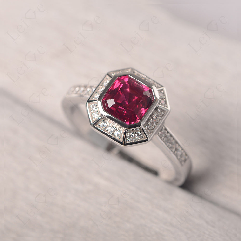 Asscher Cut Ruby Bezel Set Halo Engagement Ring