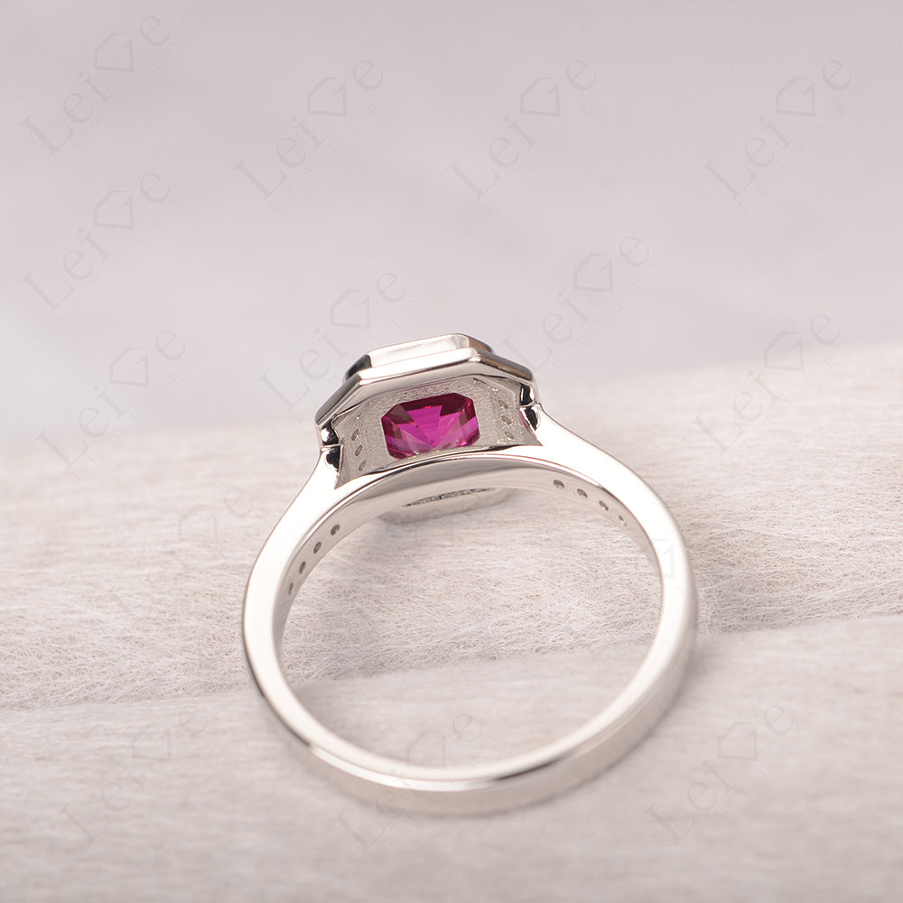 Asscher Cut Ruby Bezel Set Halo Engagement Ring