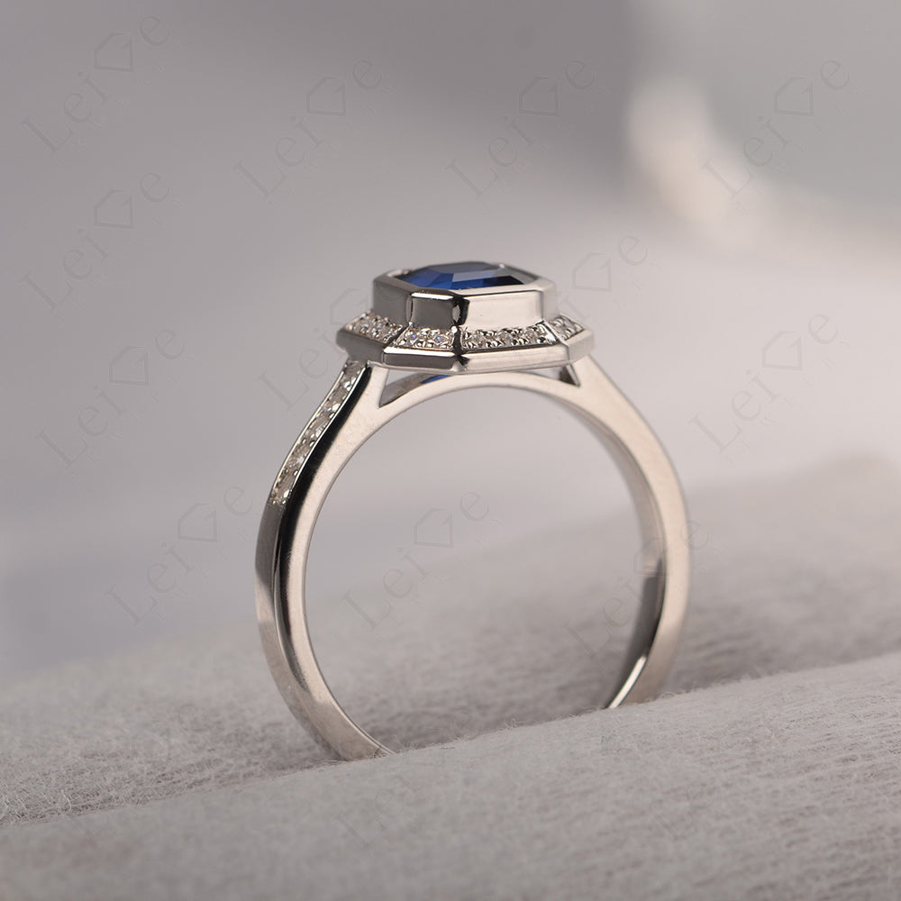 Asscher Cut Sapphire Bezel Set Halo Engagement Ring