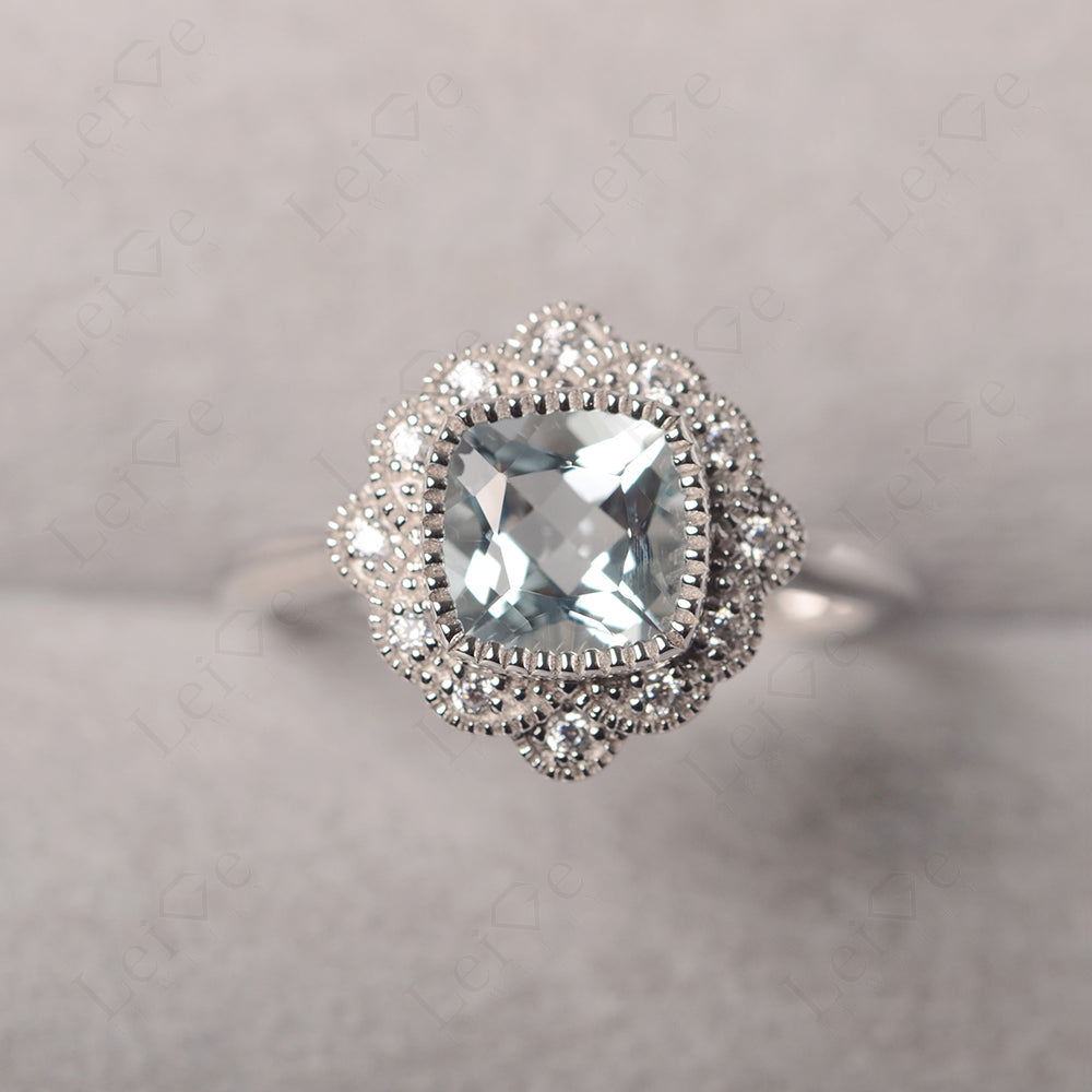 Cushion Cut Aquamarine Milgrain Ring