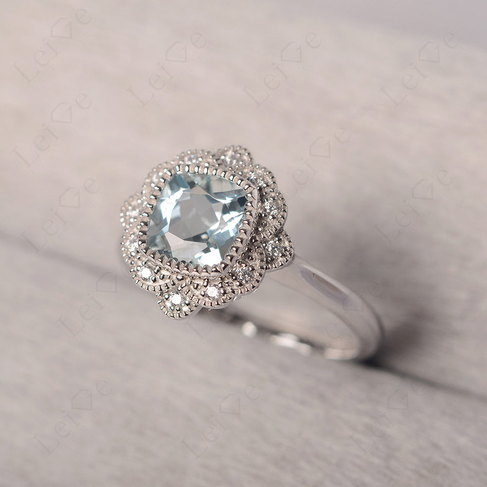 Cushion Cut Aquamarine Milgrain Ring