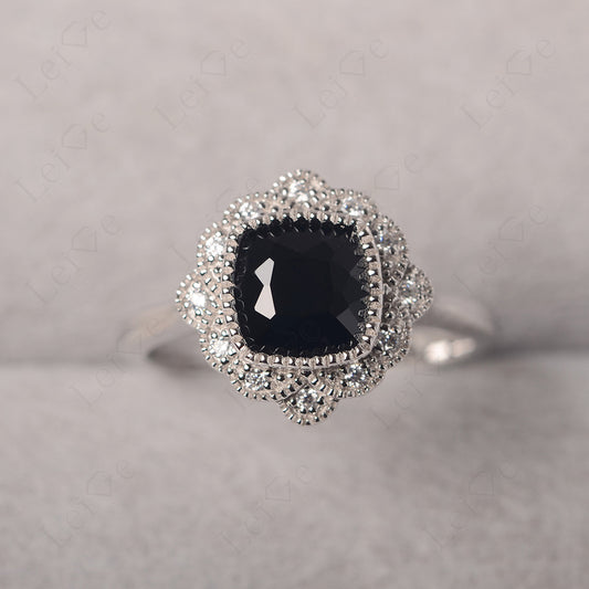 Cushion Cut Black Spinel Milgrain Ring