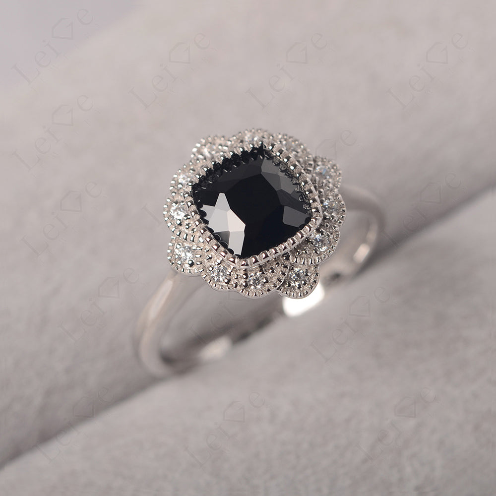 Cushion Cut Black Spinel Milgrain Ring