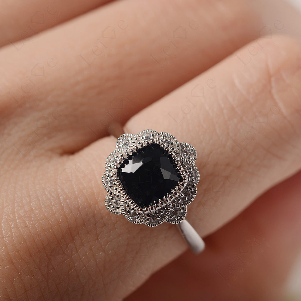 Cushion Cut Black Spinel Milgrain Ring