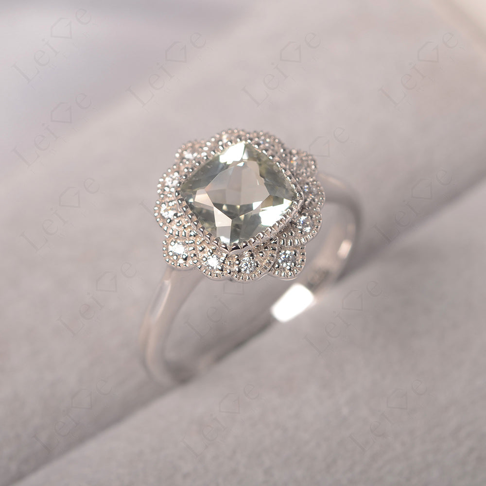 Cushion Cut Green Amethyst Milgrain Ring