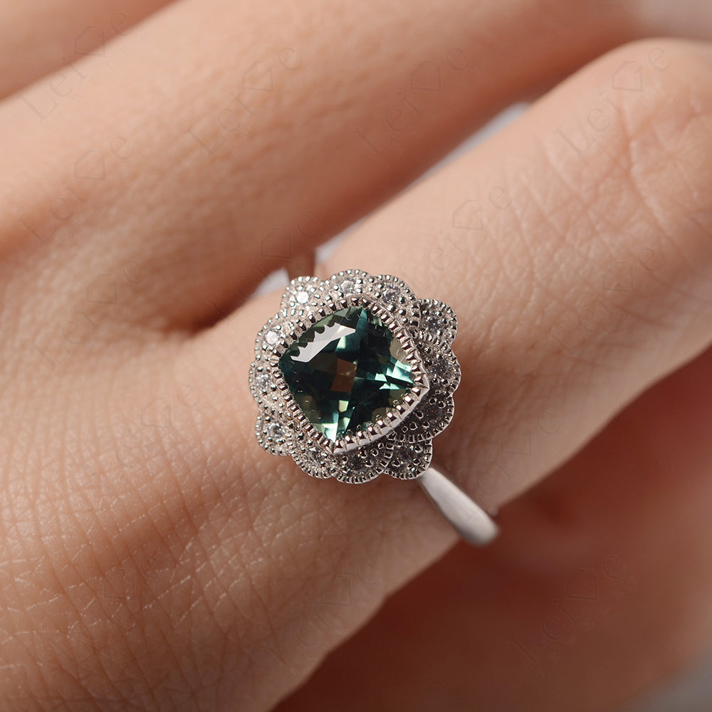 Cushion Cut Green Sapphire Milgrain Ring