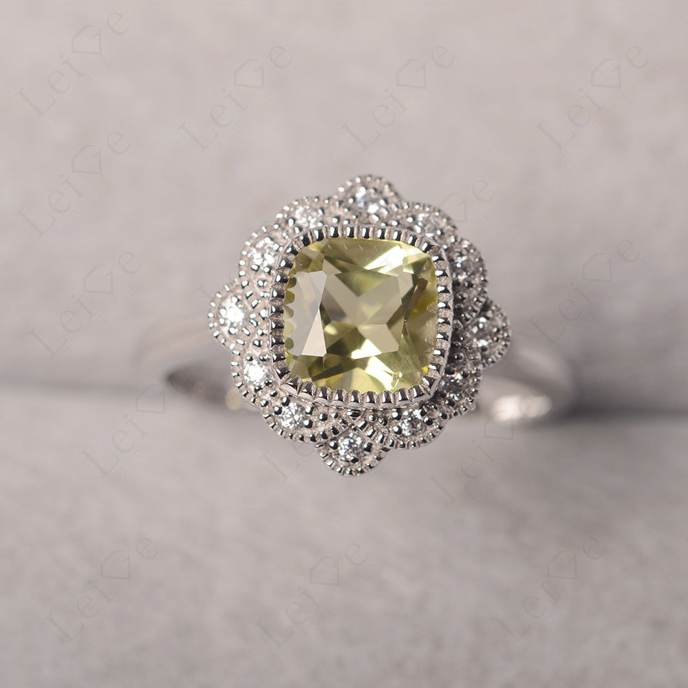 Cushion Cut Lemon Quartz Milgrain Ring