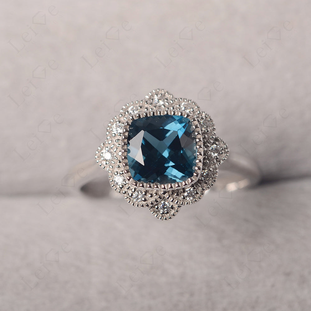 Cushion Cut London Blue Topaz Milgrain Ring