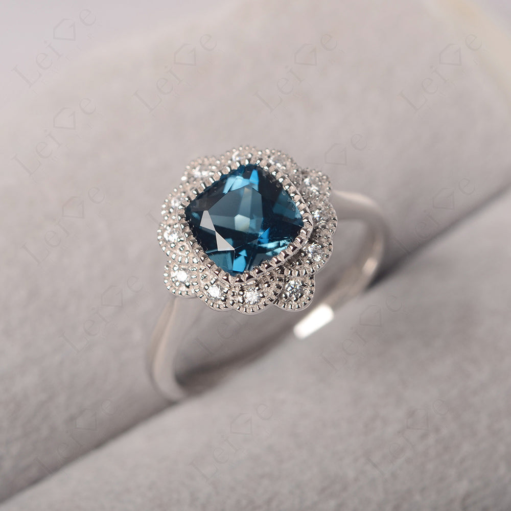 Cushion Cut London Blue Topaz Milgrain Ring