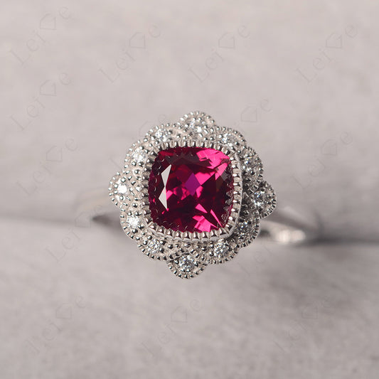 Cushion Cut Ruby Milgrain Ring