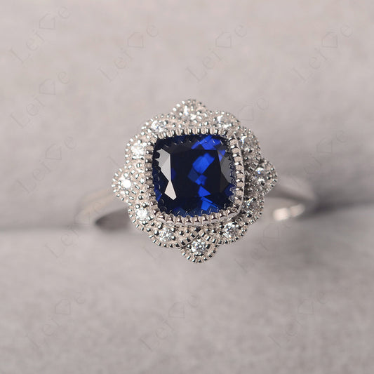 Cushion Cut Sapphire Milgrain Ring