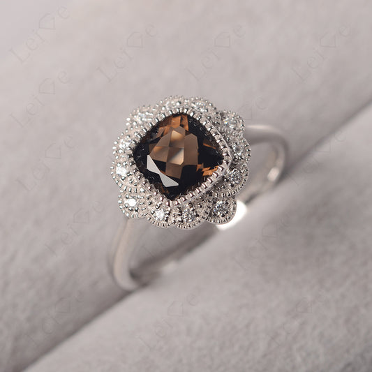 Cushion Cut Smoky Quartz Milgrain Ring