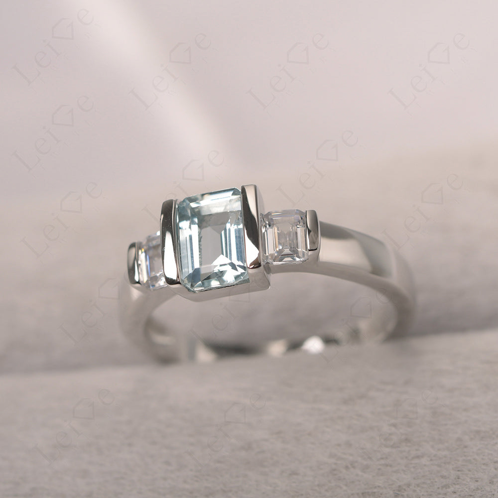 Vintage Aquamarine Ring Bezel Set Emerald Cut Ring