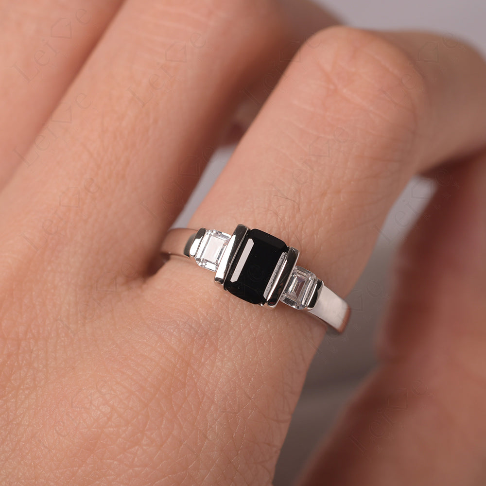 Vintage Black Spinel Ring Bezel Set Emerald Cut Ring