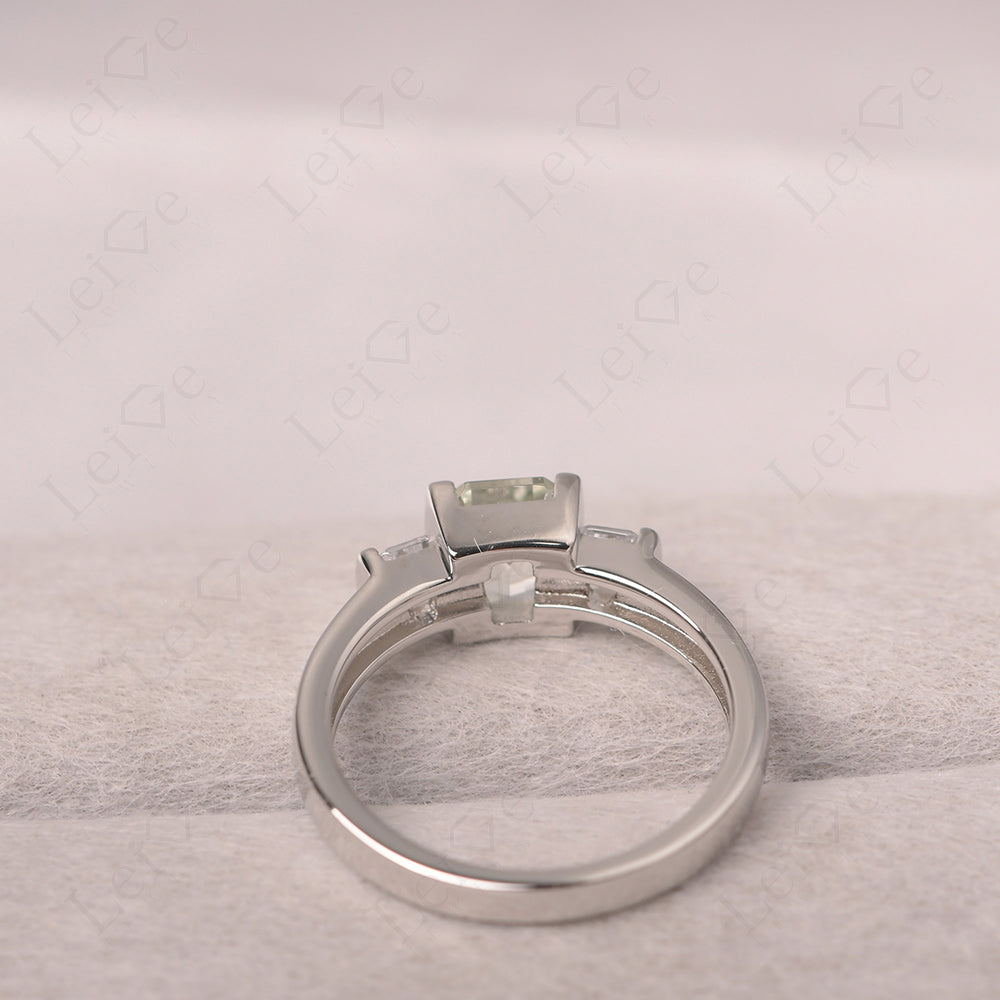 Vintage Green Amethyst Ring Bezel Set Emerald Cut Ring