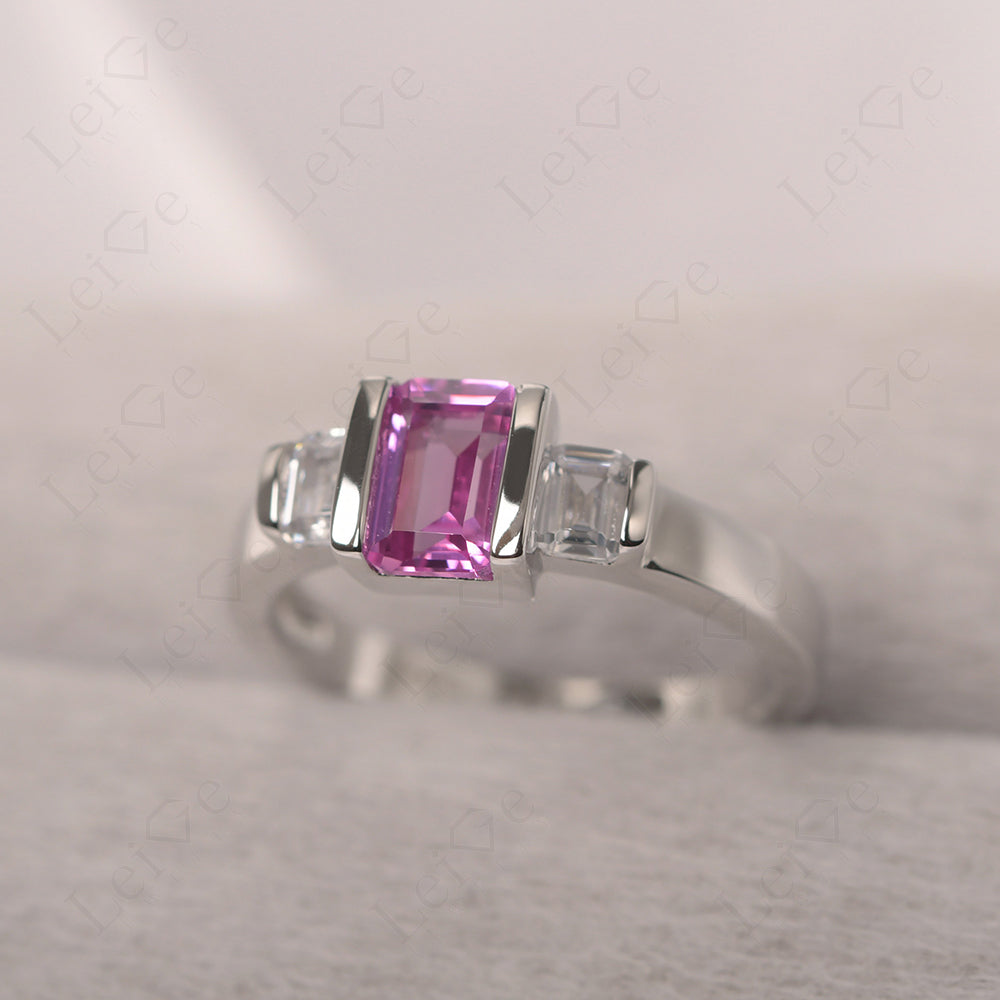 Vintage Pink Sapphire Ring Bezel Set Emerald Cut Ring