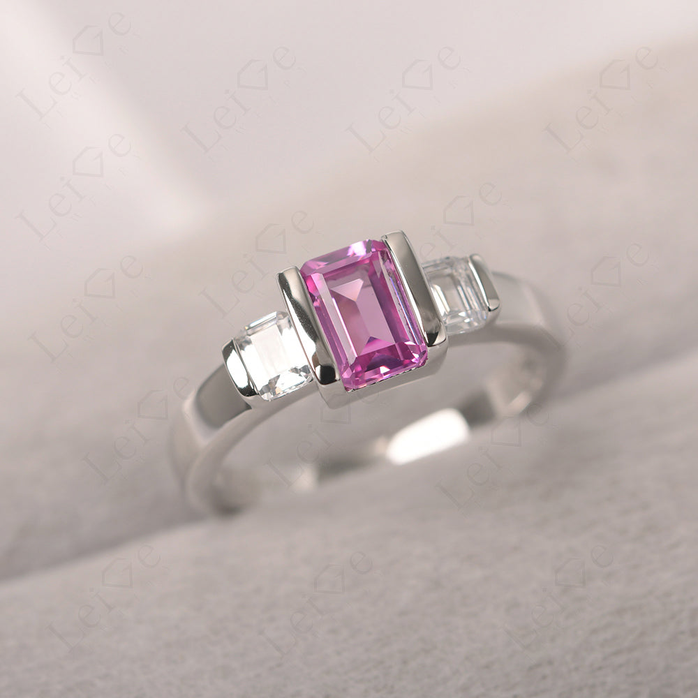 Vintage Pink Sapphire Ring Bezel Set Emerald Cut Ring