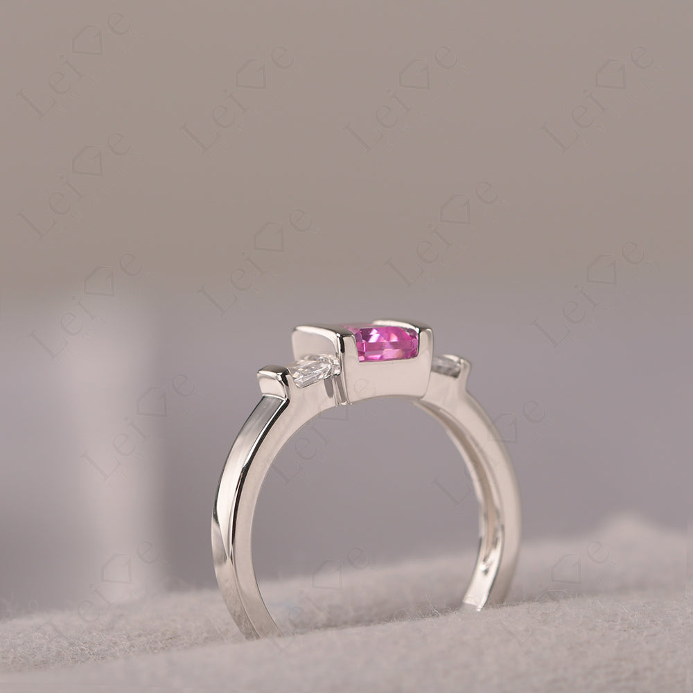 Vintage Pink Sapphire Ring Bezel Set Emerald Cut Ring