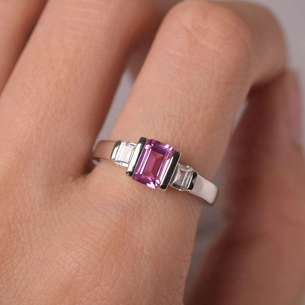 Vintage Pink Sapphire Ring Bezel Set Emerald Cut Ring