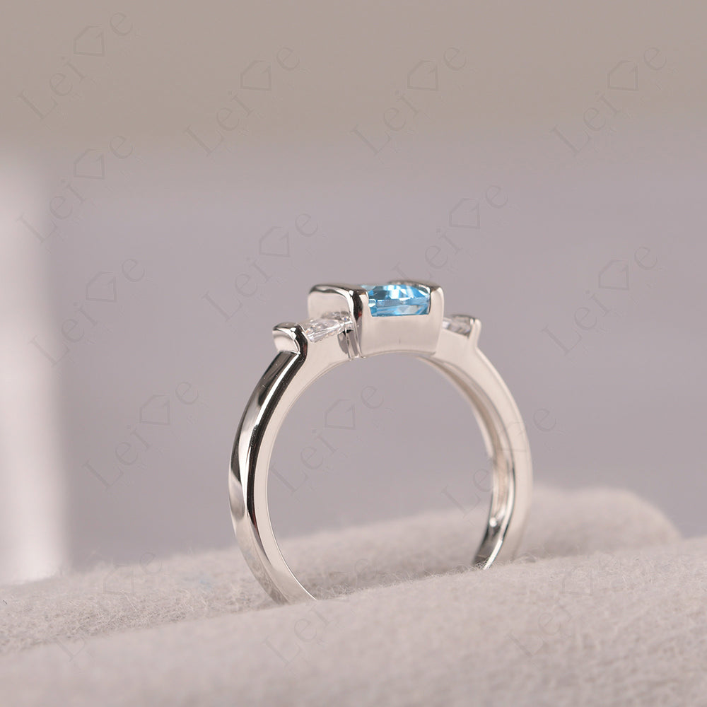 Vintage Swiss Blue Topaz Ring Bezel Set Emerald Cut Ring