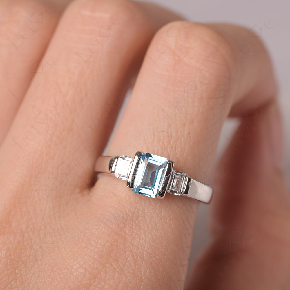 Vintage Swiss Blue Topaz Ring Bezel Set Emerald Cut Ring