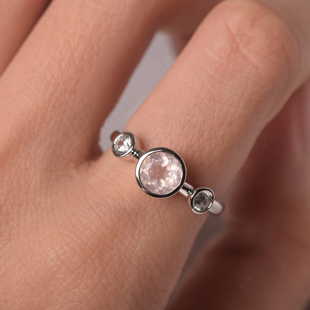 Rose Quartz Wedding Ring 3 Stone Bezel Set Ring