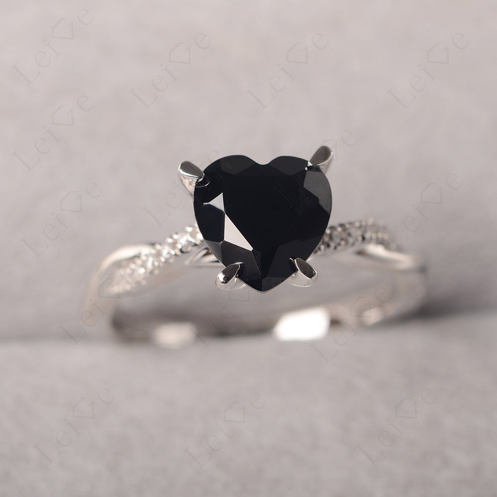 Twisted Heart Shaped Black Spinel Ring White Gold