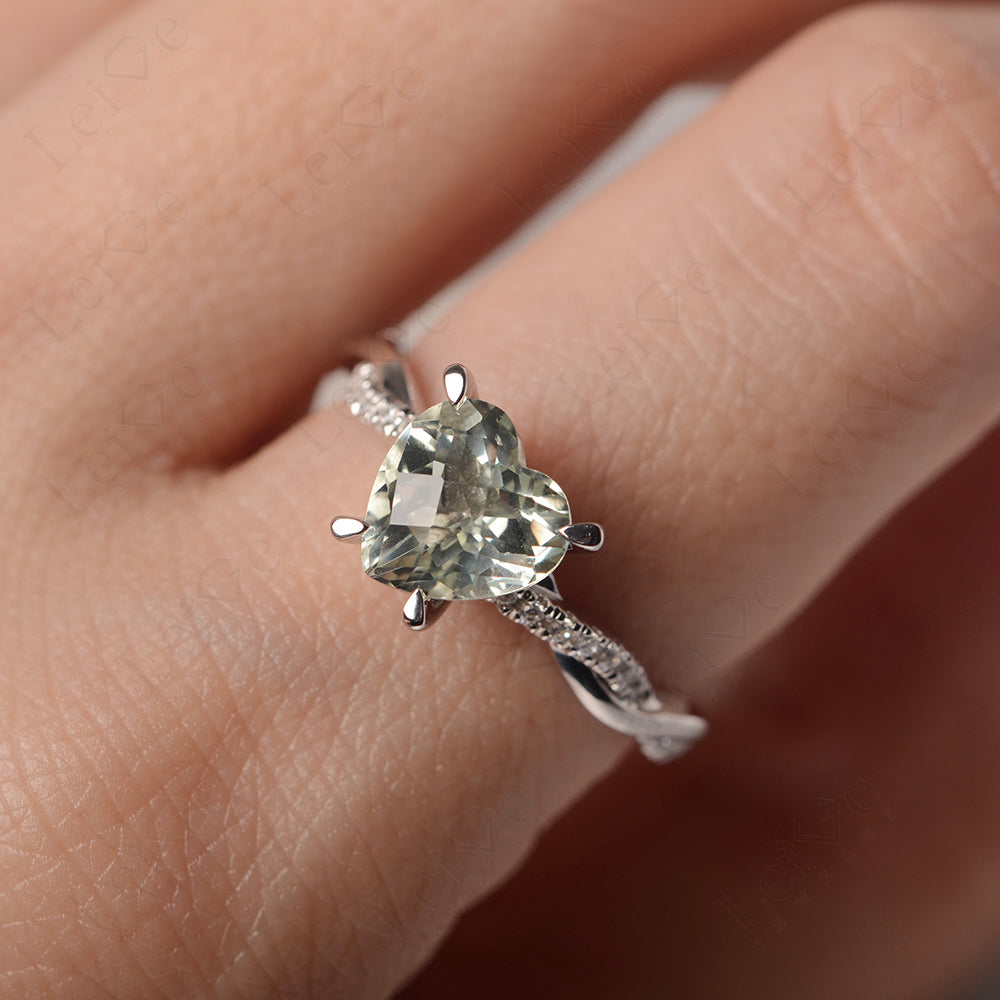 Twisted Heart Shaped Green Amethyst Ring White Gold