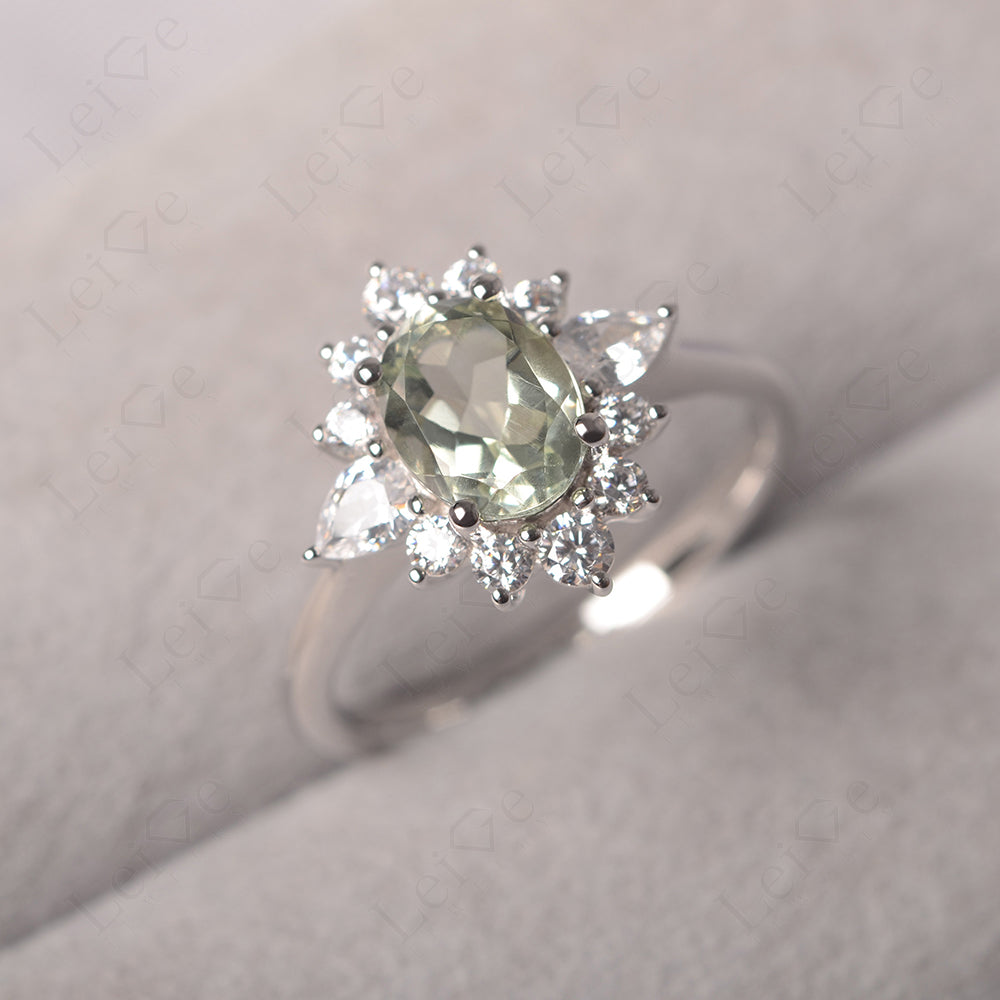 Oval Cut Green Amethyst Ring With Pear Side Stone