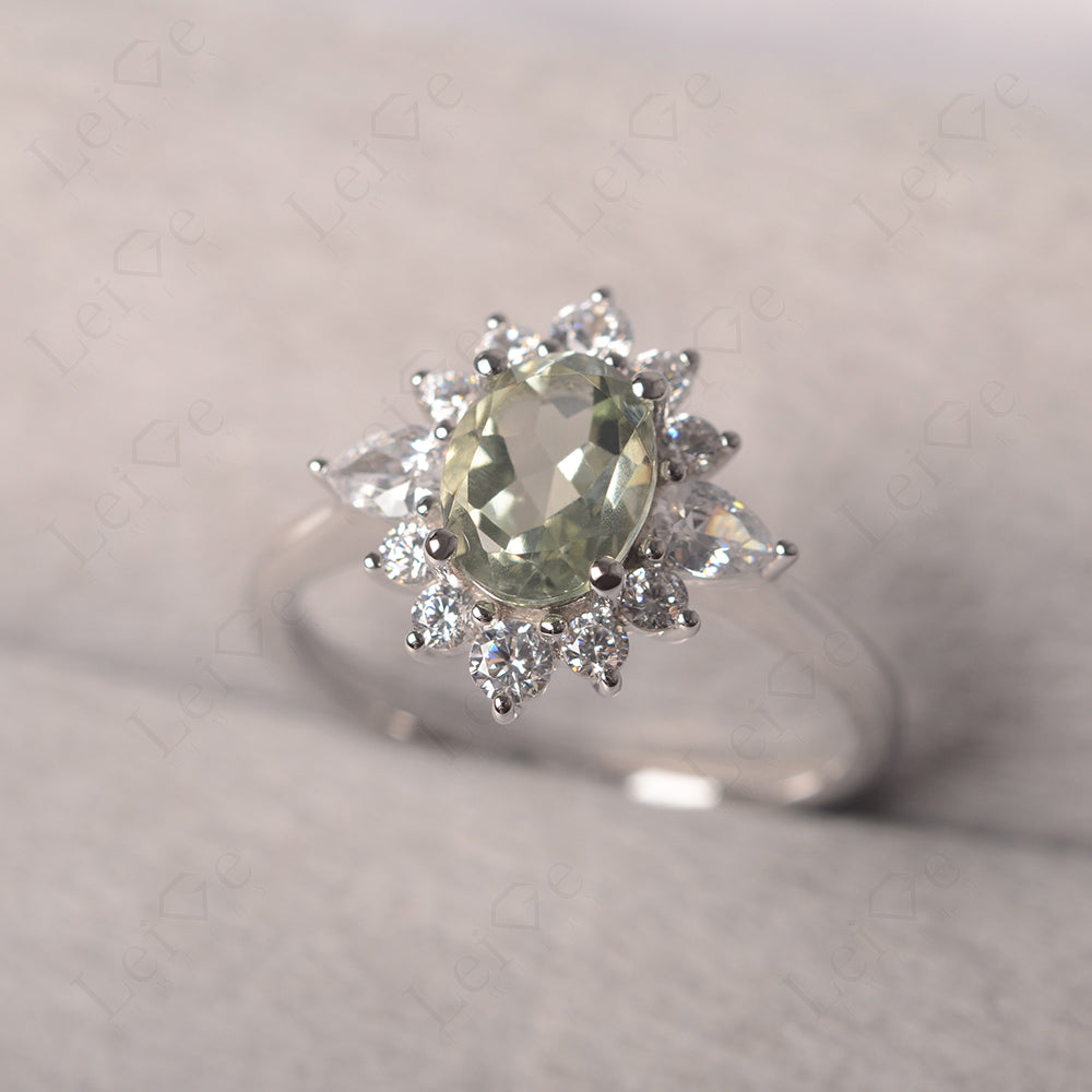 Oval Cut Green Amethyst Ring With Pear Side Stone