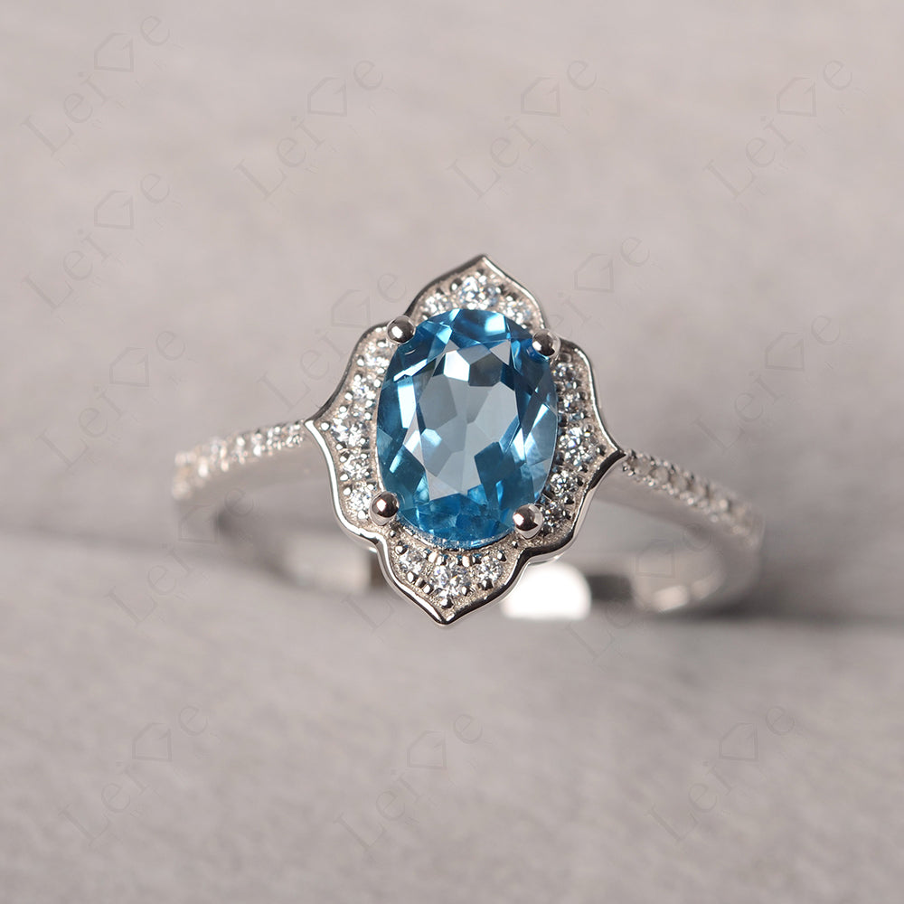 Swiss Blue Topaz Vintage Oval Halo Engagement Rings