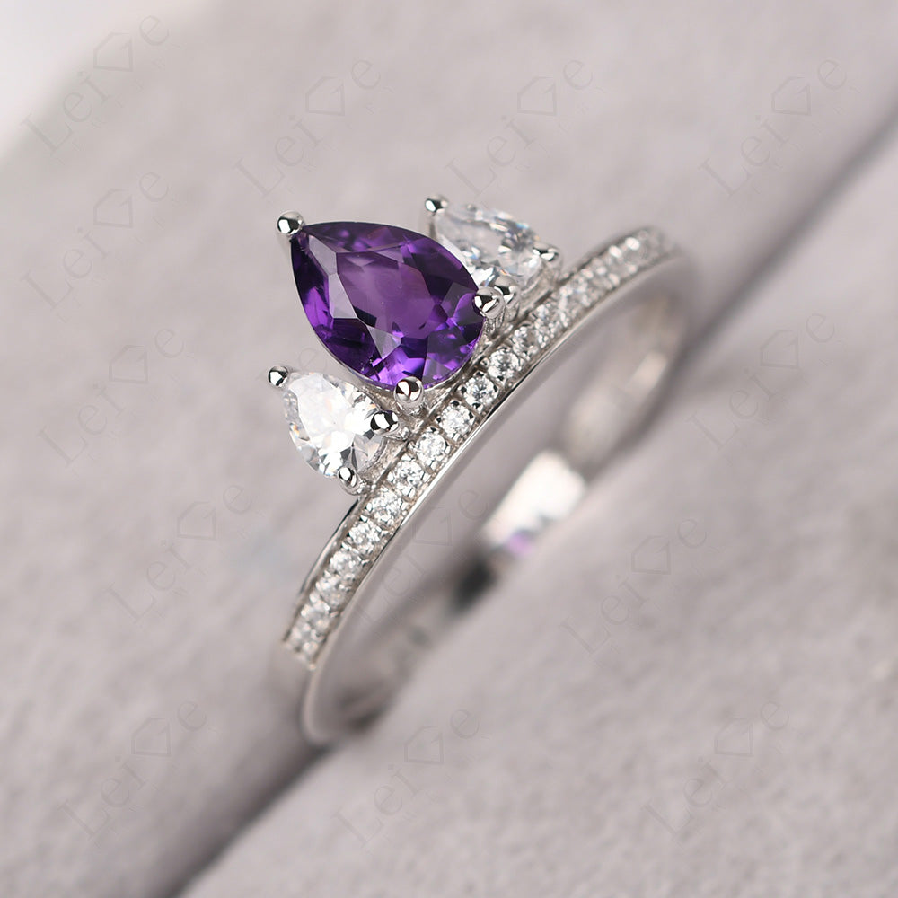 Teardrop Amethyst 3 Stone Mothers Ring Silver