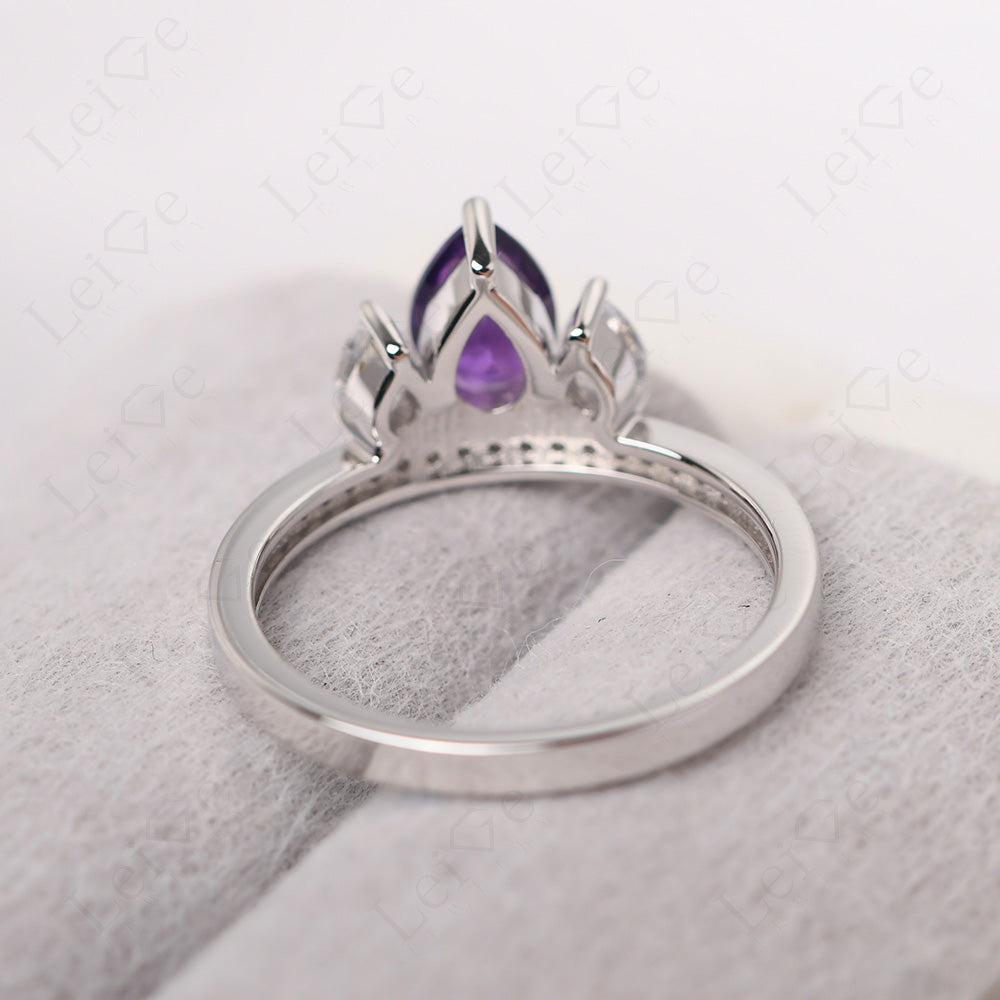 Teardrop Amethyst 3 Stone Mothers Ring Silver