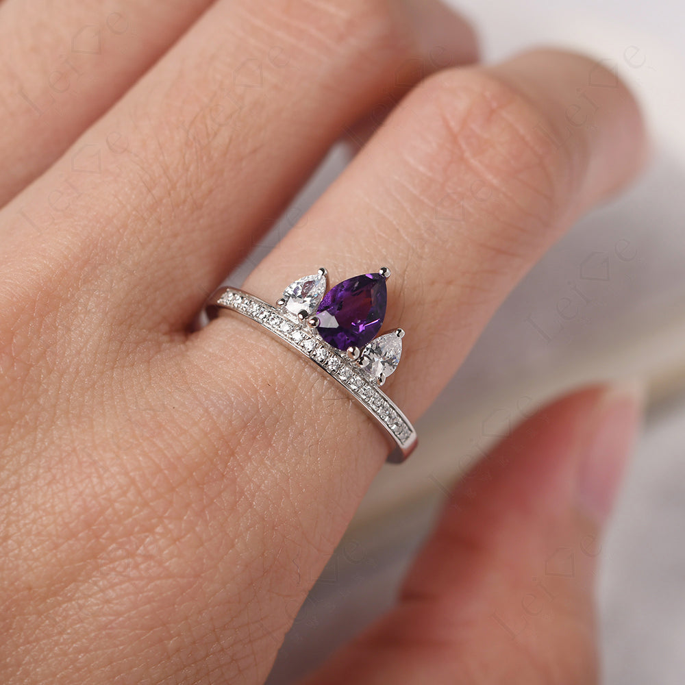 Teardrop Amethyst 3 Stone Mothers Ring Silver