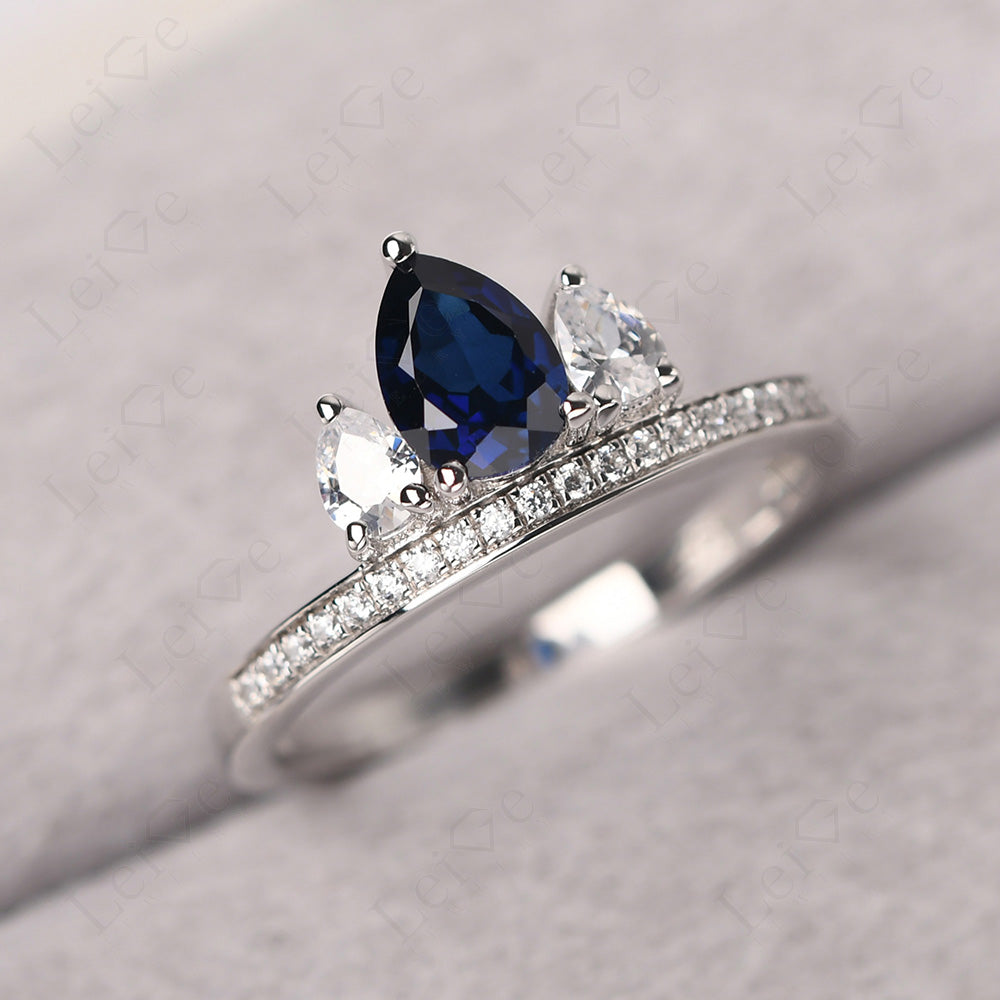 Teardrop Sapphire 3 Stone Mothers Ring Silver
