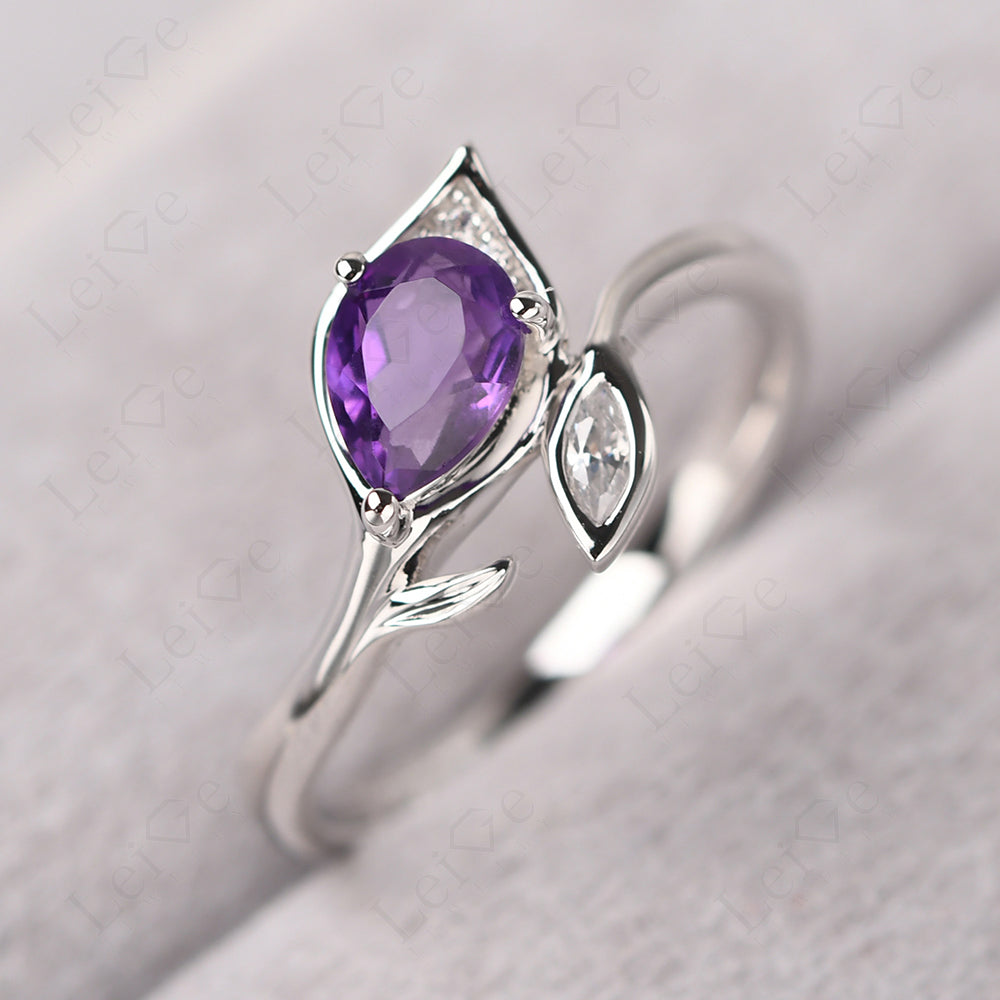 Pear Shaped Amethyst Leaf Engagement Ring