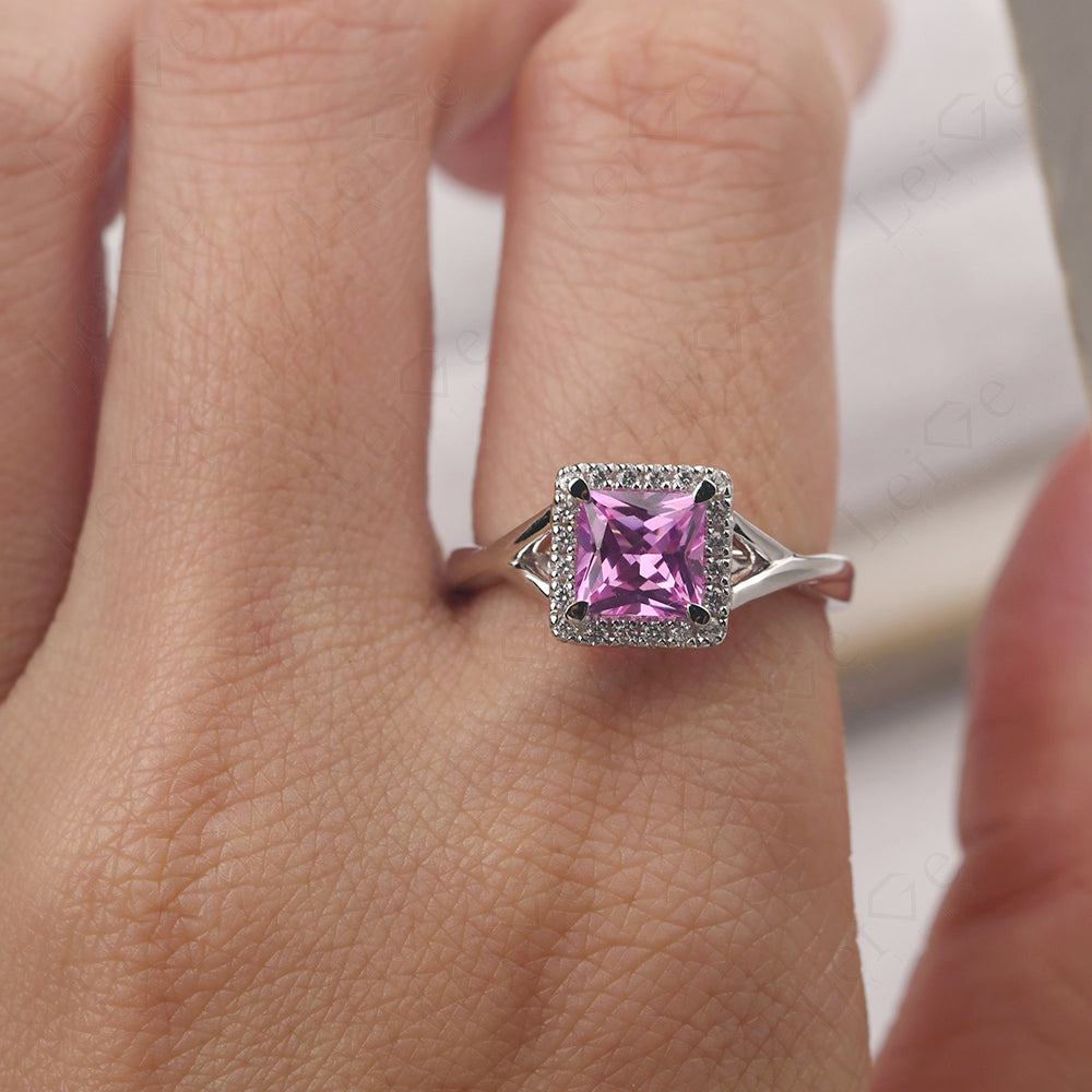 Pink Sapphire Split Shank Halo Engagement Rings