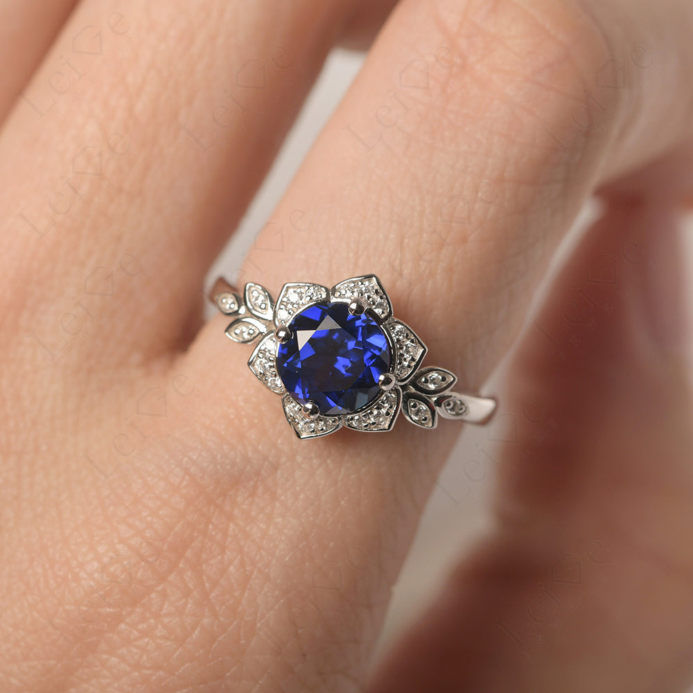 Round Cut Sapphire Flower Ring Yellow Gold