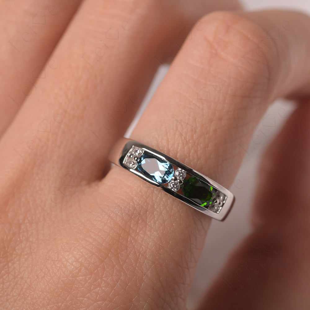 Oval Cut Diopside And London Blue Topaz Toi Et Moi Wide Band Ring
