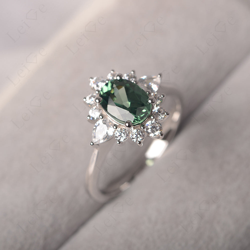 Oval Cut Green Sapphire Ring With Pear Side Stone